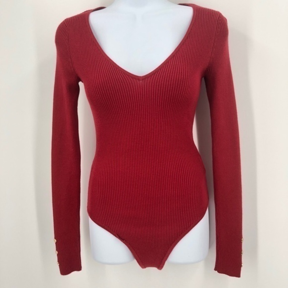 GUESS Red Ribbed V-Neck Long Sleeve Bodysuit